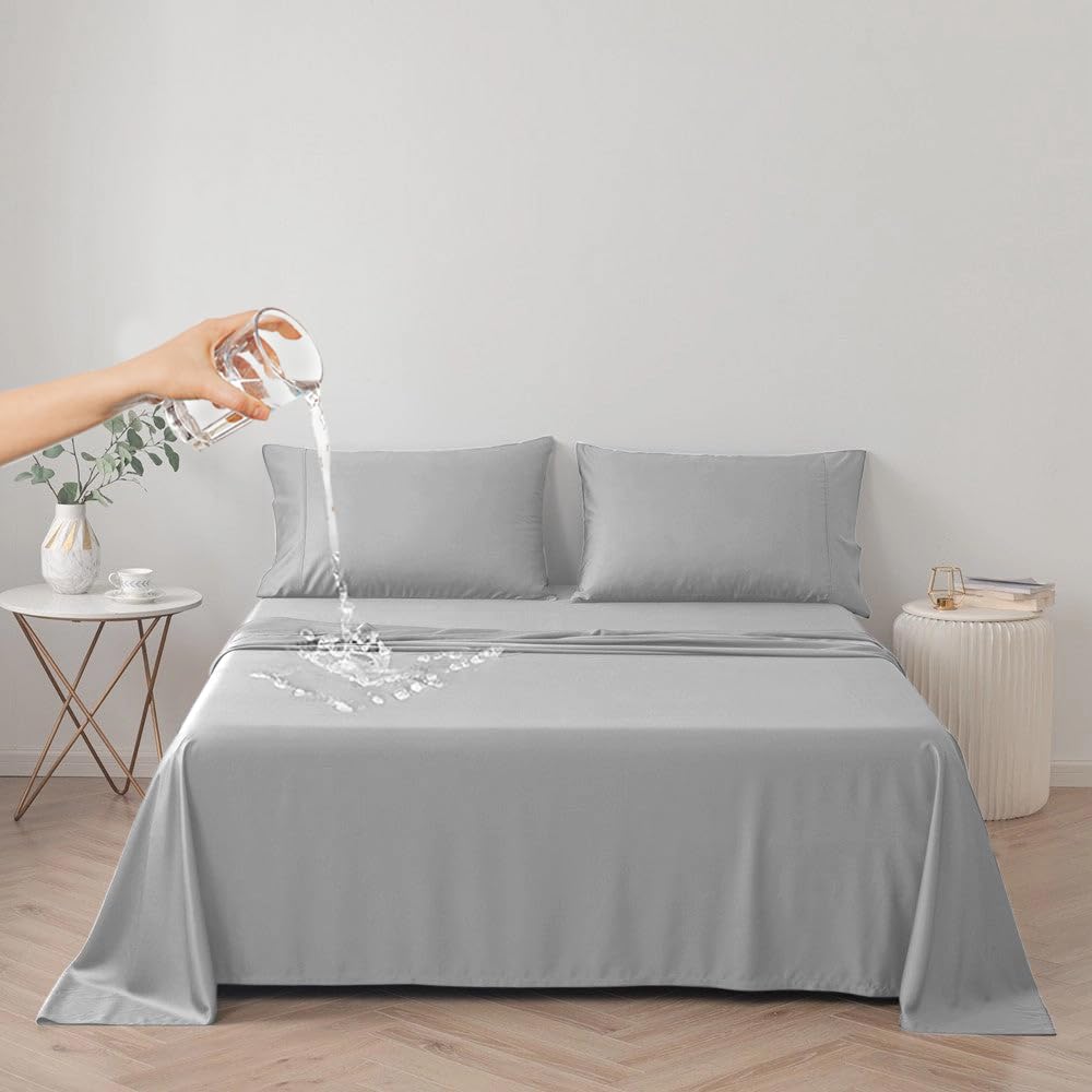 DUJUIKE Waterproof Bed Sheet Cover,Pet Hair Resistant Bed Sheet Cover for Dog and Cats, Mattress Protector for Children, Bed Liner Cover with Breathable Fabric(Grey, Cal king/King 250 x 230 cm)