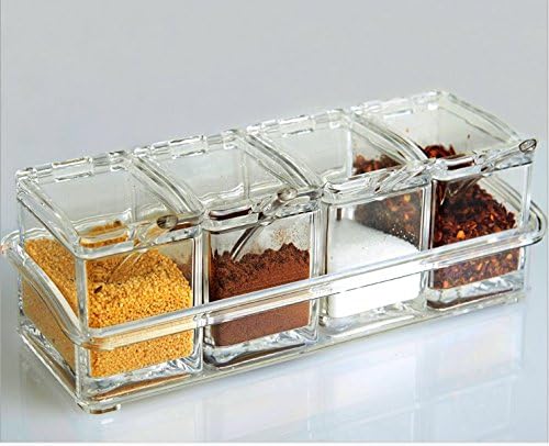 Clear Acrylic Seasoning Box Condiment Jars Spice Box 4 Piece Removable Condiment Pots Seasoning Container Storage Cruet with Separate Lids and Spoons