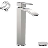 Brushed Nickel Vessel Sink Faucet, Greenspring Waterfall Bathroom Faucets, Tall Spout Single Handle Single Hole Bathroom Faucets with Pop Up Drain and Without Overflow Basin Faucet Supply Line