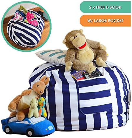 Giant Quality 38” Stuffed Animal Storage Bean Bag Chair - with Pocket for Kids - Durable Soft Cotton Canvas Storage Solution with Zip &amp; Strong Handle Declutter Organizer Toy Bag | 2 FREE E-BOOKS