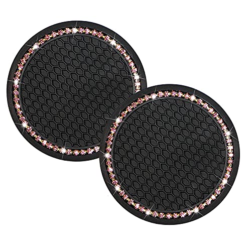 Bronkige 2PCS Bling Car Cup Coaster, Rhinestone Anti Slip Silicone Car Insert Coaster, 2.75 Inch Universal Vehicle Bling Cup Holder Insert Coaster Suitable for Most Cars (Pink)