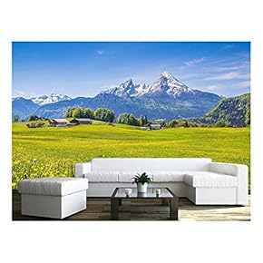Idyllic Landscape in The Alps with Fresh Green Meadows and Blooming Flowers - Removable Wall Mural | Self-Adhesive Large Wallpaper - 66x96 inches