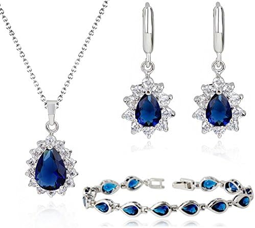 Crystalline Azuria Women 18ct White Gold Plated Teardrops Blue Simulated Sapphire Zirconia Crystals Set Pendant Necklace 17.7 inches Earrings Bracelet