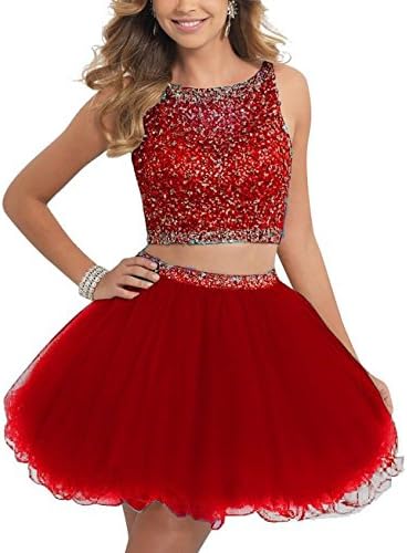 ALW Short Beaded Homecoming Dress Two Pieces Mini Tulle Prom Gown ALW076RD-US14