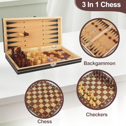 3 in 1 Wooden Chess Board, 29 x 29 cm, Wooden Chess Board, Handmade Travel Chess Board, Portable Chess Board, Ideal for Parties, Travel, Family Activities