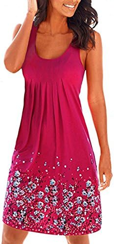 FSOOG Women Summer Floral printed Sleeveless Tank Loose Causal Sundress Beach Dresses M Red