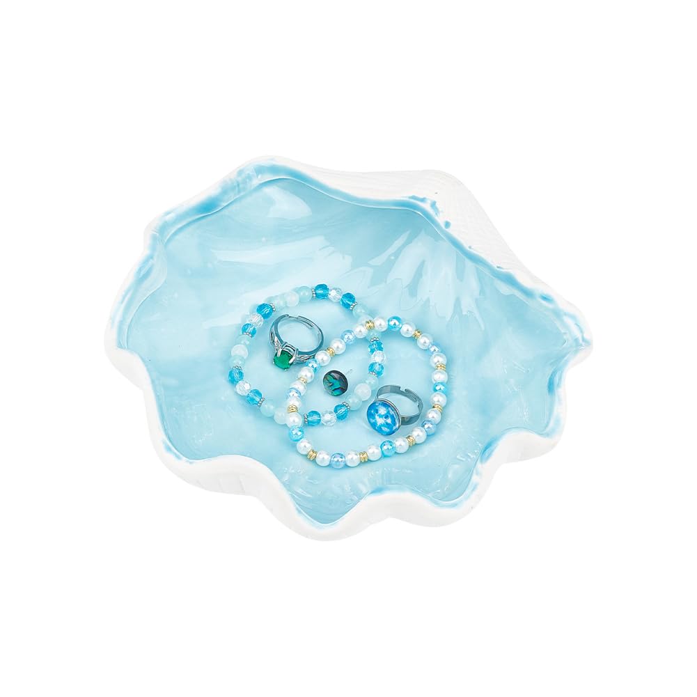 GOMAKERER 1 Pc Light Blue Shell Jewelry Tray, Ocean Style Ceramics Storage Jar Sea Shell Key Bowl Candy Dishes Trinket Tray for Entryway Table Display Decorations