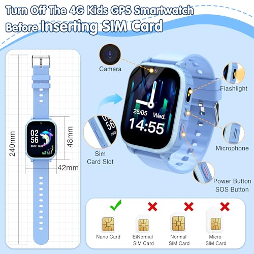 Smartwatch Bambini 4G con GPS e Videochiamate, Orologio Telefono per Bambini con SOS, Localizzazione in Tempo Reale, Modalità Scuola, Fotocamera, Giochi, Sveglia, Impermeabile IP68, Regalo 4-15 Anni