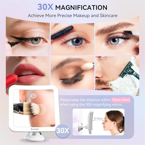 Auxmir 30X Rechargeable Magnifying Mirror, Makeup Mirror with 3 LED Light Colours, Adjustable Brightness Powerful Suction Cup, Bathroom Cosmetic Mirror