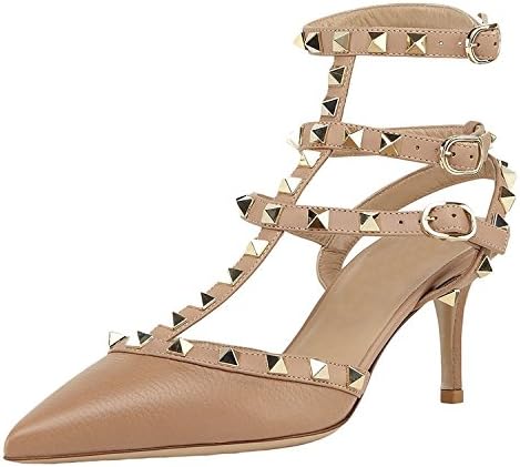 VASHOP Women's Gladiator Rivets Buckle Studded Sandals T-strap Kitten Dress Sandals,Alpaca PU/4.5