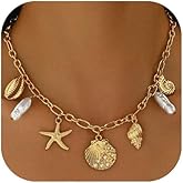 Starfish Necklace for Women Gold Charm Necklace Pearl Shell Starfish Pendant Necklaces for Women Beach Charm Accessory Jewelry