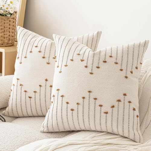 Cushion covers, Boho Throw Pillow Covers 45x45cm Set of 2, Decorative Pillows for Bed, Throw Pillows for Modern Farmhouse Couch Sofa Living Room Outdoor (Beige with Brown Line)