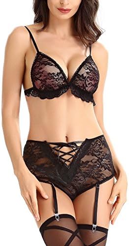 Lynmiss Women Lingerie Lace Babydoll Bodysuit Bralette Bra and Panty Set, Best Gift For Valentine's Day, Black-XL