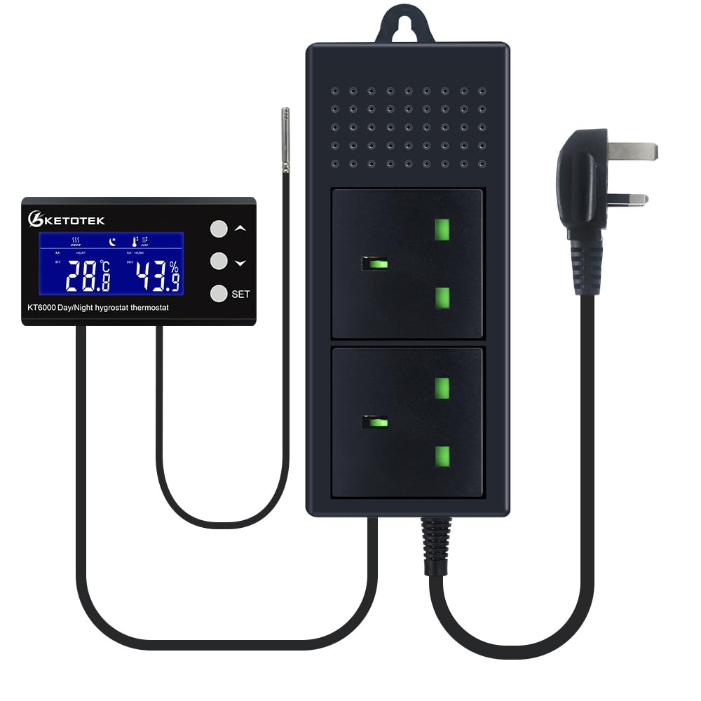 KETOTEK Digital Thermostat Humidistat Plug with Sensor Probe, Day/Night Temperature and Humidity Controller Plug Socket with Timer for Reptile Greenhouse Incubator