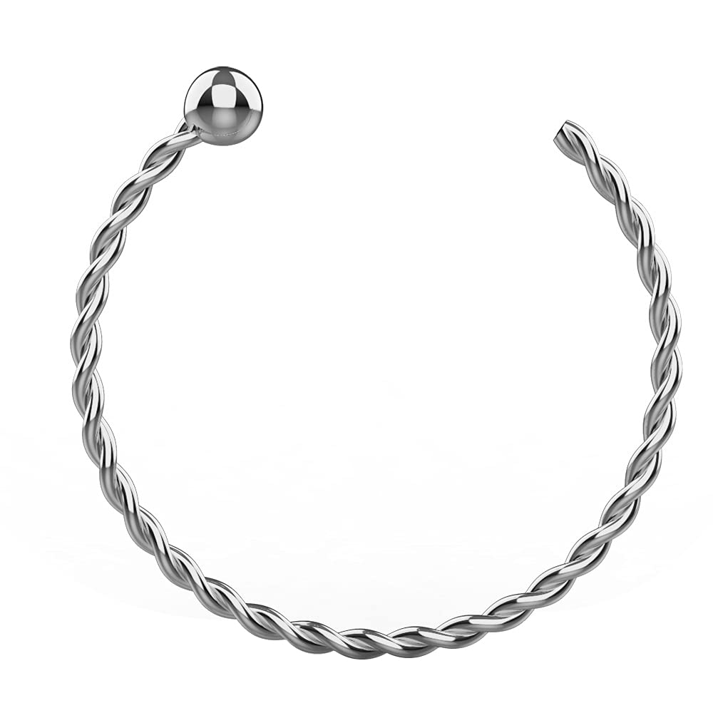 AZARIO LONDON 9K Solid White Gold 22 Gauge (0.6mm) - 8mm Diameter Continuous Twister with Ball End Open Hoop Nose Ring - Hoop Cartilage - Daith Hoop - Nose Piercing Jewellery