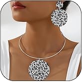 CXENSJH Disc Earrings Necklace Set for Women Gold Leopard Large Disc Choker Necklace Round Dangle Drop Earrings Jewelry Set