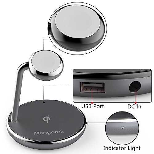 Mangotek iPhone X Wireless Charger Apple Watch Stand,Qi Fast Wireless Charging Docking Pad with iWatch Magnetic Charger Module and USB Port for iWatch,iPhone X/8,Samsung Galaxy 8,MFi Certificated