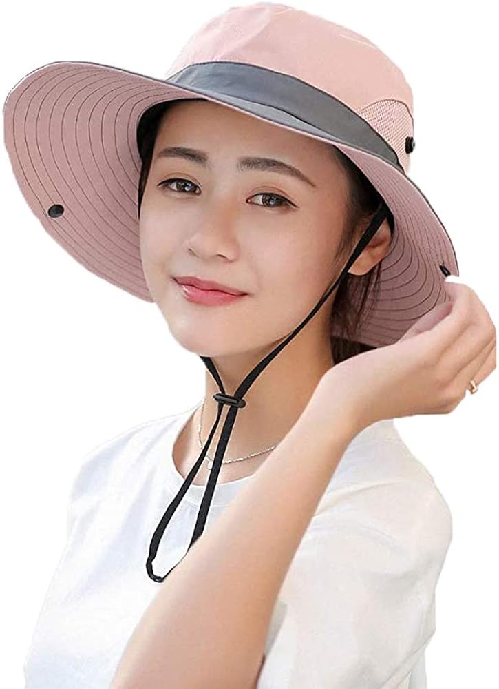 WITERY Women's Sun Hats UPF 50+ Ladies Wide Brim Sun Hat with Back Hole for Pony Tail Adjustable for Big Heads UV Protection Hats Breathable Packable Bucket Hat with Chin String(Pink)