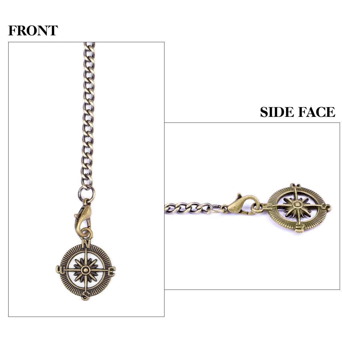 Pocket Watch Chain T-bar Chain Albert Chain with Compass Pendant