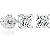 Solid 14k White Gold Solitaire Square Princess-cut CZ Stud Earrings with Screw-back