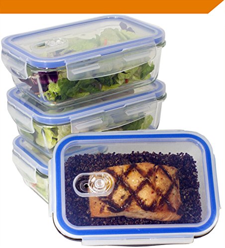 [Premium 4 Sets] Glass Meal Prep Food Storage Container with Snap Locking Lid, Glass Meal Prep Containers BPA-Free, Airtight, Microwave, Oven, Freezer, Dishwasher Safe (3.5 Cup, 28 Oz, Rectangle)