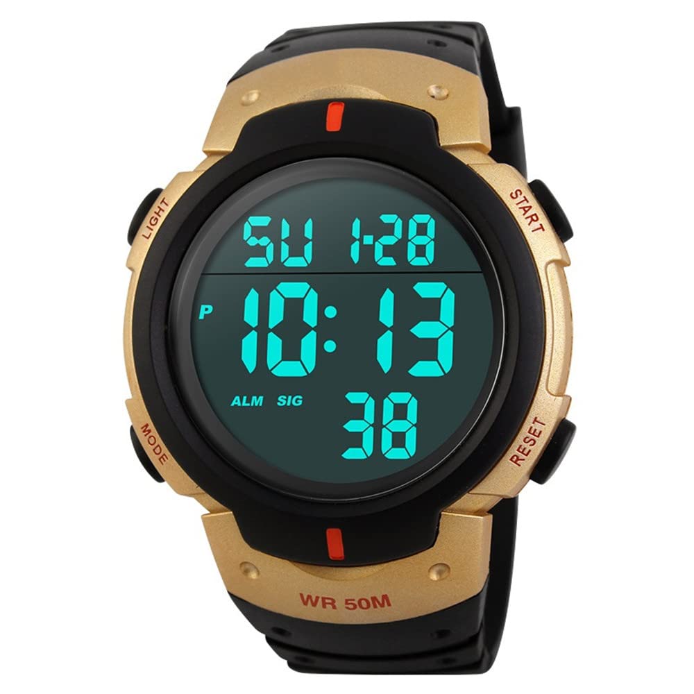 TONSHEN Mens Waterproof Watch Outdoor Sport LED Digital LED Multifunction Electronic 50M Water Resistant Backlight 1/100 Stopwatch Date Alarm Calendar Military 12H/24H Time Wristwatch - Gold