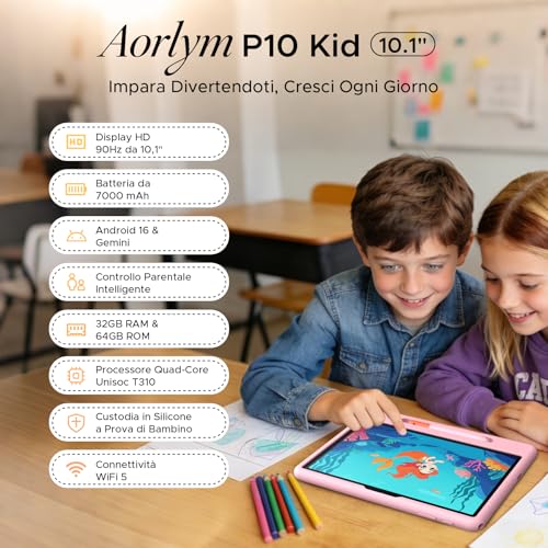 Luzglo P10 Kid Tablet Bambini 10 Pollici, Tablet Android 16, 90Hz, 32GB RAM+64GB ROM, 7000mAH, Vetro Curvo 2.5D, WiFi5/Face ID/OTG/Widevine L1, Include Accessori per Tablets per Bambini, Blu