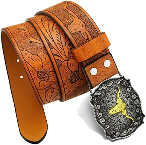 RechicGu Mens Western Leather Buckle Belt, Bull Head Engraved