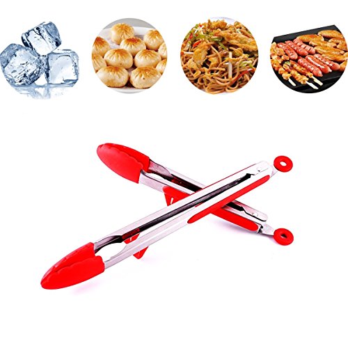 HiramWare Pinze Da Cucina Acciaio Inox Set 2 Pezzi 22 E 30 Cm Con Punte Silicone Rosse