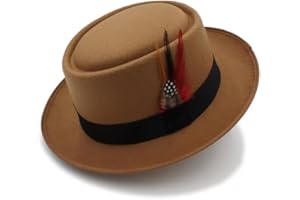 Cotilafi Classic Pork Pie Hat with Feathers Flat Top Fedora, Vintage Panama Hats, Warm Comfortable Jazz Cap