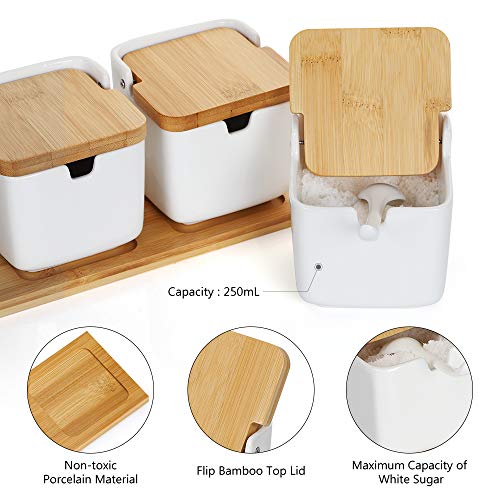 RZChome 3 Pack Sugar Bowl with Bamboo Lid and Spoon and Creamer set for Home and Kitchen White, Each 8.58 FL OZ (254 ML)
