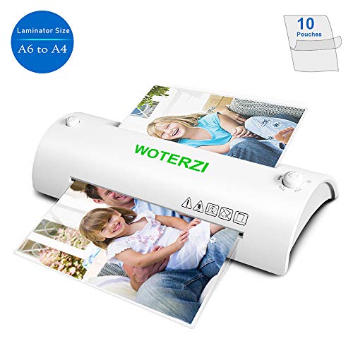 Thermal Laminator for A4/A6, Laminating Machine with Two Roller System, Jam-Release Switch, Fast Warm-up, Quick Laminating Speed, Low Noise, for Home, Office and School, with 10 Laminating Pouches