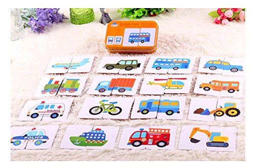 Baby Infant 32pcs Flash Card Jigsaw cognition puzzle Shape Matching Puzzle Cognitive Learning Early Education Card Learning Toys in a Box - traffic Vehicle Many Cars