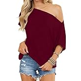 LEEDYA Women Off Shoulder Tops Short Sleeve T-Shirts Loose Blouses Oversized Tunic Tops