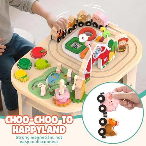 Weilim Montessori Wooden Activity Table, 1 Year Old Baby Toy with Bead Maze and Animal Shape Sorter and Train, Sensory Table, Educational Toy for Children from 12 Months