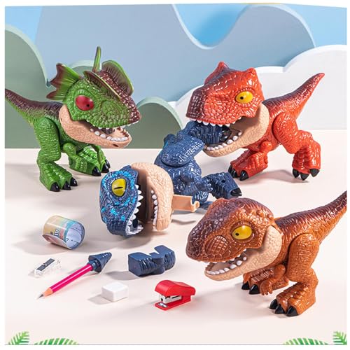 5 In 1 Dinosaur Stationery Set with Dinosaur Pencil Flexible Ruler Stapler Sharpener And Eraser Dinosaur Model Shape (Green)