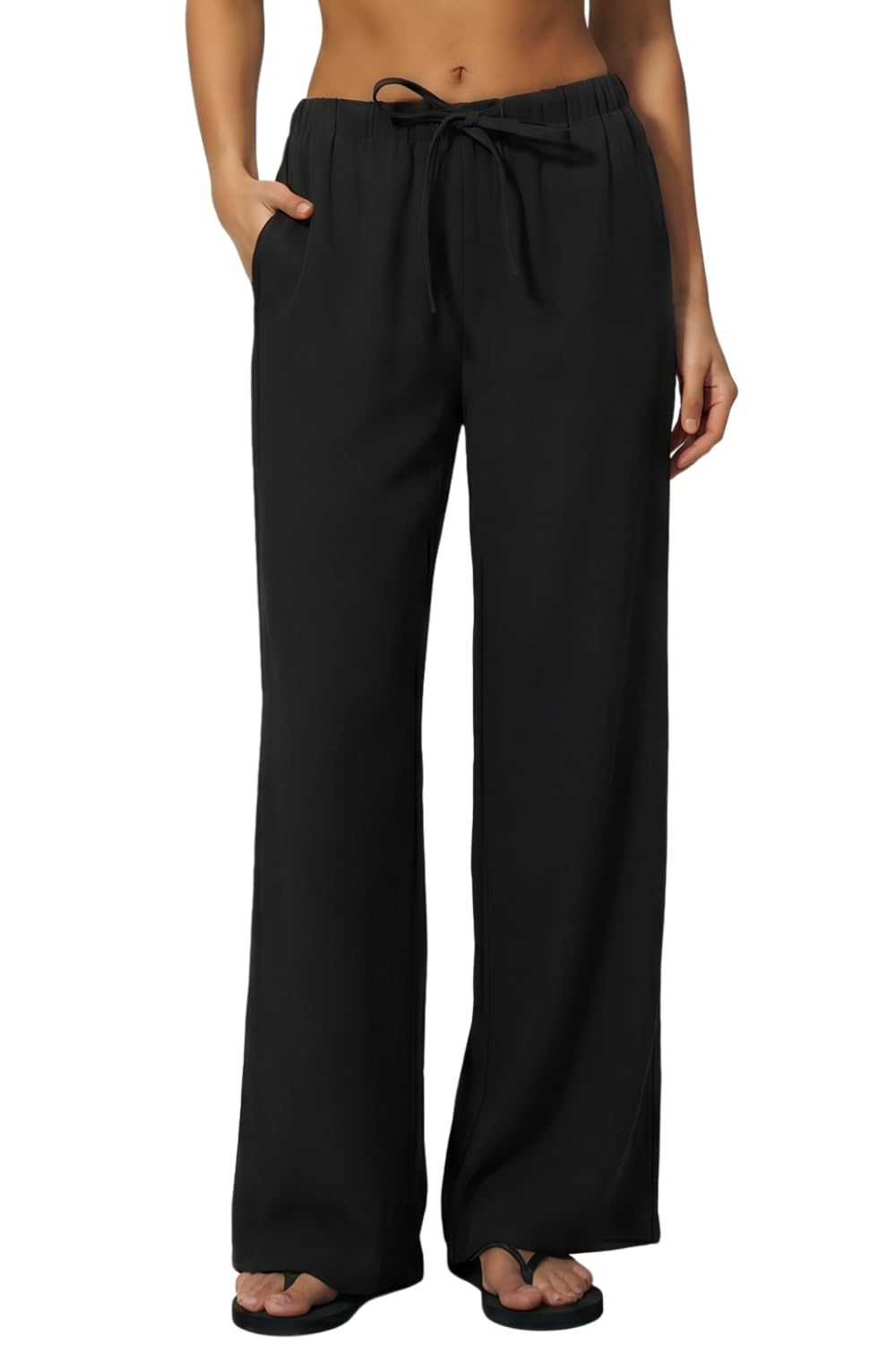QINSEN Womens Wide Leg Palazzo Pants Wrinkle Resistant Flowy Drape Trousers | Inseam 28" / 29.5" / 31.5" , Side Pockets, Drawstring Elastic Waist, High Rise, Casual Loungewear, Airpot Travel Outfits