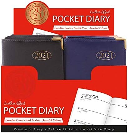 New 2021 Week to View Economy Slimline Pocket Diary in Leather - Red/Black/Blue Assorted Colours Sent at Random