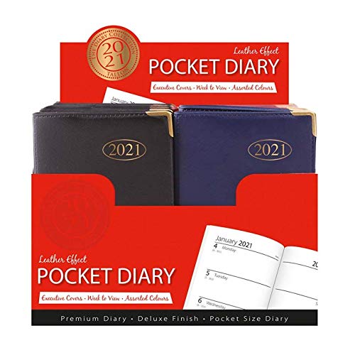 New 2021 Week to View Economy Slimline Pocket Diary in Leather - Red/Black/Blue Assorted Colours Sent at Random.