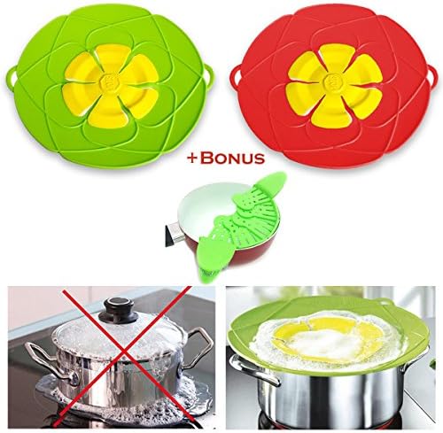 Widras 2 Pcs Spill Stopper Lid Cover And Spill Stopper Boil Over Safeguard Silicone Pot Pan Lid Multi-Function Kitchen Tool (Green And Red) + Bonus Universal Easy Adjustment Drainer to Different Size