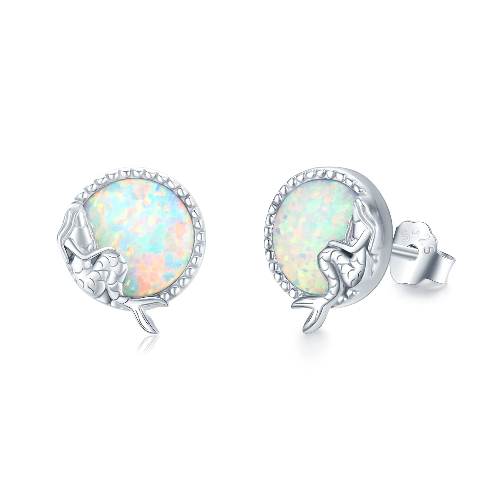 Small Opal Studs Earrings for Women 925 Sterling Silver Mermaid Earrings Opal Earrings Hypoallergenic Mermaid Jewellery Gifts for Kids Girls 8 mm