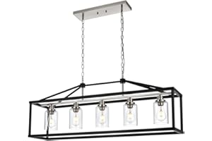 BONLICHT Contemporary Farmhouse Chandelier Black 5 Light Rectangle Dining Room Lighting Fixture Hanging Brushed Nickel Modern Kitchen Island Pendant Lighting Flush Mount Ceiling with Clear Glass