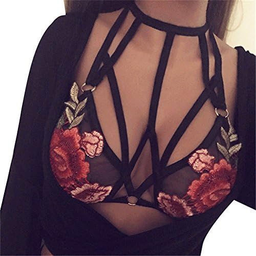 Senza Fretta Women Sexy Bandage Corset Cage Crop Top Bra Floral Embroidery Bra Lingerie