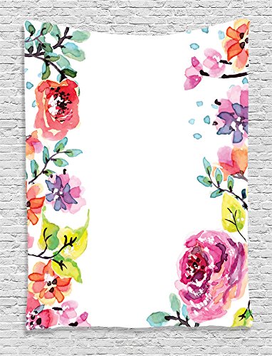 Ambesonne Watercolor Flower Decor Collection, Floral Frame with Summer Flowers Roses Natural Picture, Bedroom Living Kids Girls Room Dorm Accessories Wall Hanging Tapestry, Pink Navy Blue Purple White