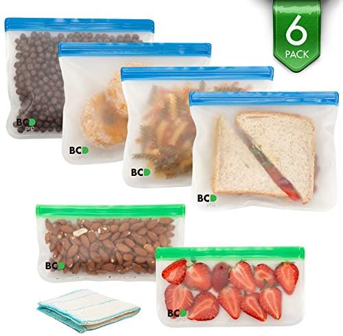 Reusable Storage Bags 6 Pack (4 Sandwich and 2 Snack) Durable Double Ziplock Extra Thick Leakproof Freezer Easy to Clean BPA and PVC free Baggies for Food Lunch Travel Kitchen School