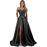 Memphty Off The Shoulder Satin Prom Dresses for Women 2025 Long Slit A Line Formal Evening Party Gowns with Pockets