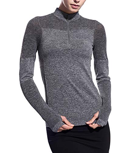 Women Long Sleeve Running Shirts with Thumb Holes Track Jackets Yoga Tops Performance Grey L