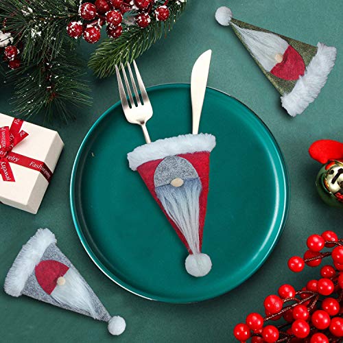 XIRGS Christmas Gnomes Wine Bottle Cover and Cutlery Organizers 6 Pack, Handmade Knife and Fork Cover, Wine Bottle Toppers Santa Claus Wine Bag with Drawstring, Christmas Decoration Holiday (6 pack)