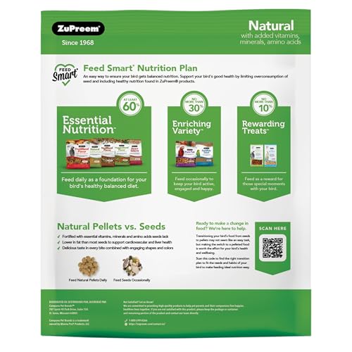 ZUPREEM NATURAL BIRD FOOD, BIRD FEED PELLETS FOR PARROT, CONURE, CAIQUE, AFRICAN GREY, ECLECTUS, SMALL COCKATOO, ZUPREEM CORE NUTRITION, MADE IN USA, ADDED VITAMINS, PARROT FOOD, (M/L, 10 LB BAG)