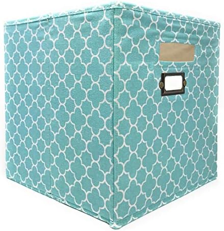 Clever Home Fabric Storage Cube Collapsible 10.5 x 10.5 x 11 in. with Handles and Metal Label Holder (Aqua and Off White Quatrefoil)